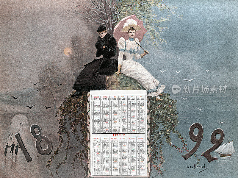 1892年的复古日历，美丽的女人，冬天和夏天，由Jean Beraud, 19世纪
